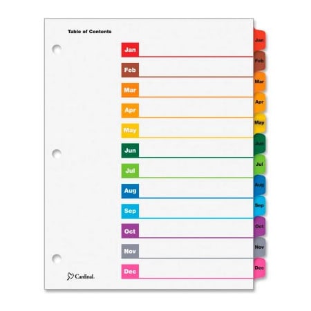 Cardinal Brands Cardinal OneStep Printable T.O.C. Divider, Printed Jan to Dec, 9"x11", 12 Tabs, White/Multicolor 60318CB